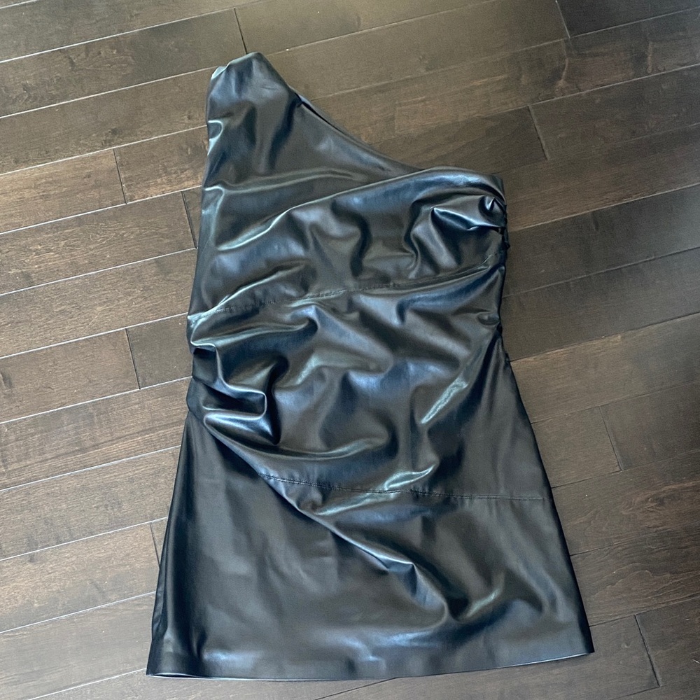 Divided Faux Leather One-Shoulder Dress